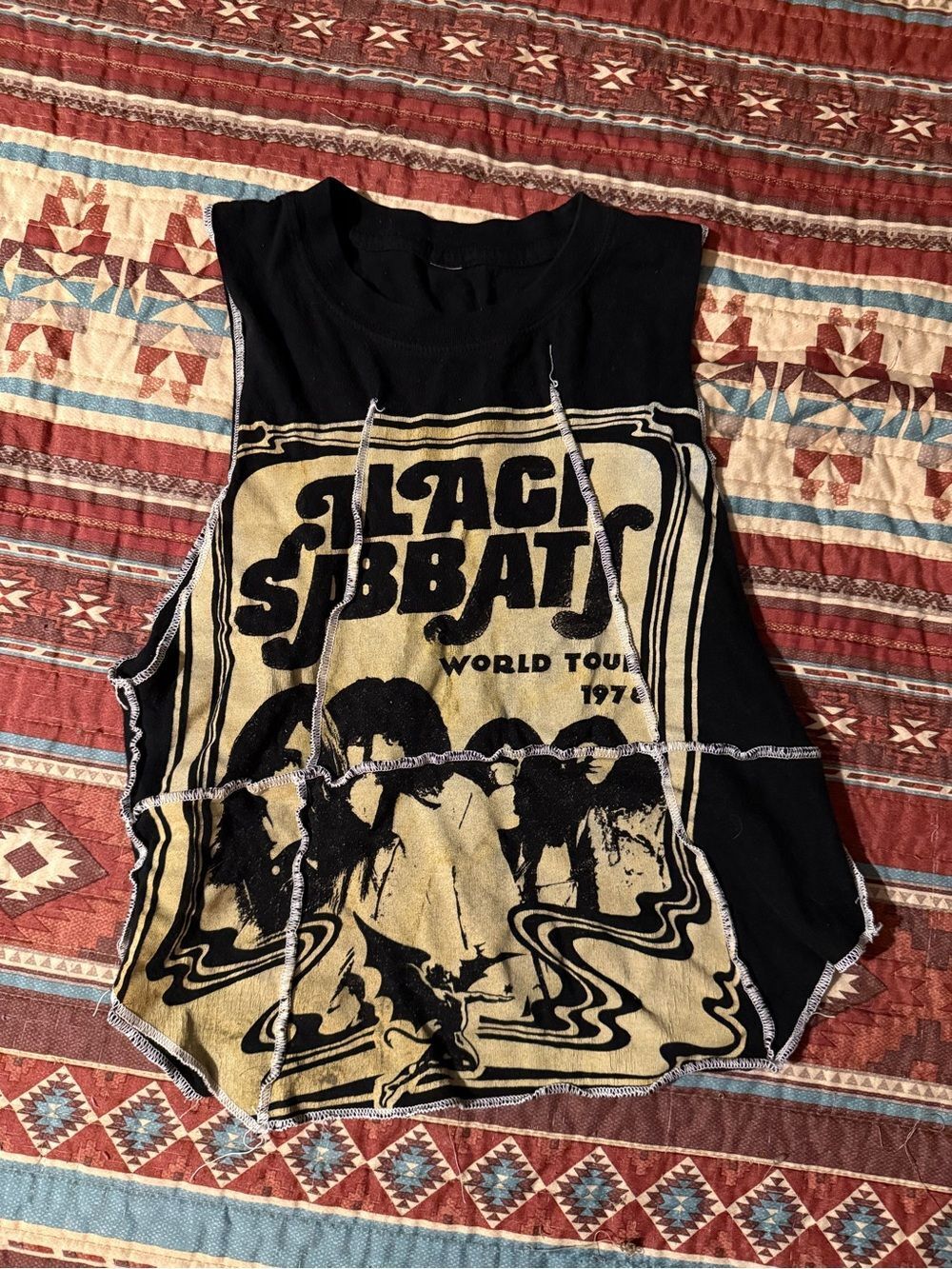 Black Graphic Tank Top with Yellow Band Print - Black Sabbath small